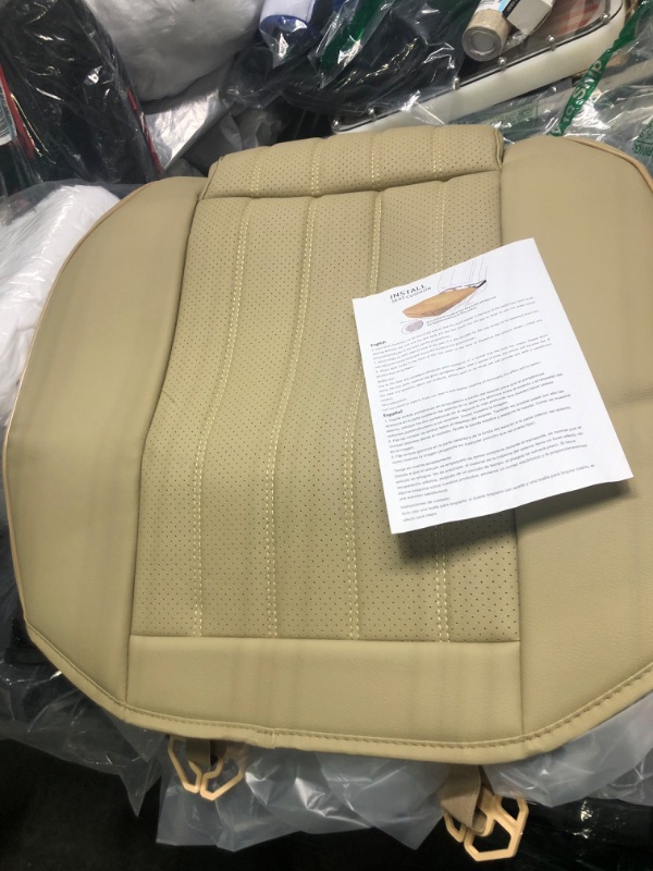 Photo 3 of Motor Trend Beige Faux Leather Car Seat Cover for Front Seats, 1-Piece Padded Car Seat Protector with Storage Pockets, Premium Interior Cover, Front Seat Cover for Cars Truck SUV Auto 1 x Front Seat Cover Tan Beige