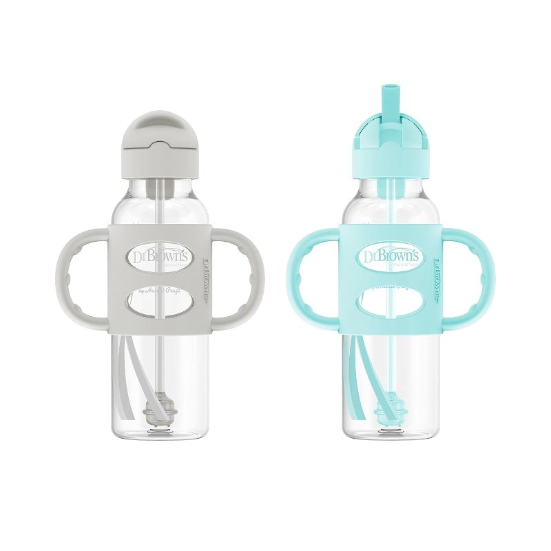 Photo 1 of Dr. Brown’s® Milestones™ Narrow Sippy Straw Bottle with 100% Silicone Handles, 8oz/250mL, Gray & Green, 2 Pack, 6m+ 2 Pack, 8 oz, Gray & Green