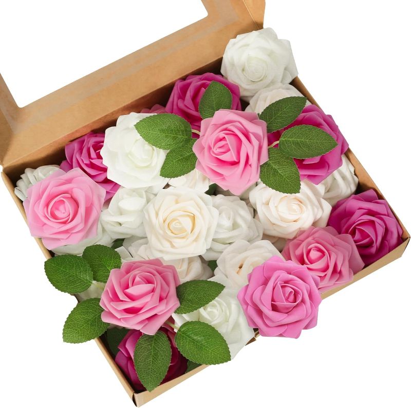 Photo 1 of 25Pcs Pink Roses Artificial Flowers, Fake Roses with Stem for DIY Wedding Bouquets Centerpieces Bridal Shower Party Home Romantic Decorations Foam Flowers, Pink&White
