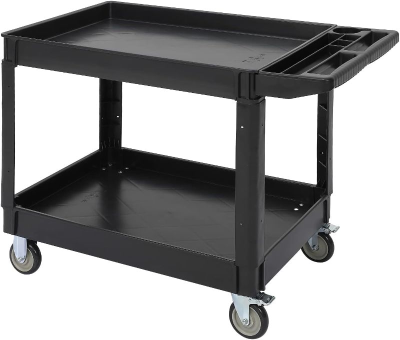 Photo 1 of 2-Tier Plastic 4-Wheeled Service Cart in Black with 500 lb. Capacity
