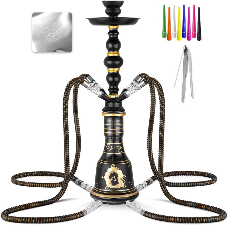 Photo 1 of 21'' Hookah Set 4 Hose Hookah Set With Everything, Glass Vase, Ceramic Bowl, Coal Tong, Leather Hose, Hookah Foil, Disposable Hookah Tips (Black)
