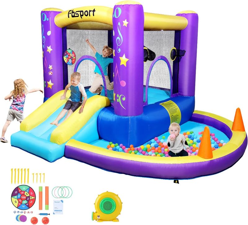 Photo 1 of FBSPORT Inflatable Bounce House, Kids Bounce Castle Slide for Indoor Outdoor, Toddler Baby Water Jumper Bouncer, Kids Jumping Bouncy House with Blower, Ball Pit Pool, Basketball Hoop, Dart Game,Purple
