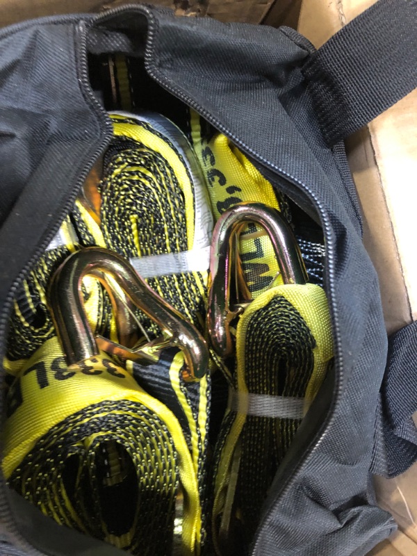 Photo 1 of KJE Heavy Duty Car Trailer Tie Down Straps with Reflective - (4) 2" x 10' Ratchet Straps + J-Hooks with Clip, (4) Axle Straps 2" x 36'' - 10,000lbs Break Strength - Use for Car, Truck, UTV Transport Black+Yellow(J Hook)