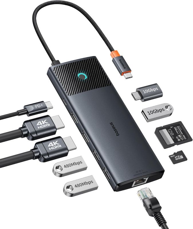 Photo 1 of Baseus Docking Station Dual Monitor,10Gbps 10 in 1 Docking Station with 2 HDMI Single 4K@120Hz, Dual 4K@ 60Hz,10Gbps USB C and USB A, Gigabit Ethernet, PD 100W, SD/TF for iPhone 15/Mac/Dell/HP/Lenovo Black