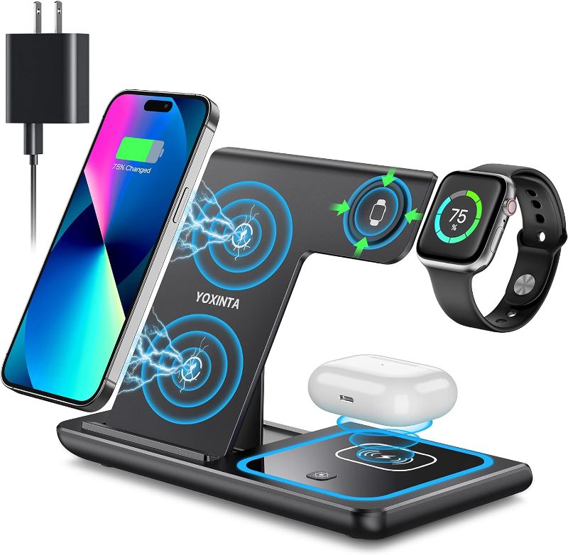 Photo 1 of Wireless Charger, 3 in 1 Wireless Charging Station, Fast Wireless Charger Stand for iPhone 15 14 13 12 11 Pro Max XR XS 8 Plus, for Apple Watch 8 7 6 5 4 3 2 SE,for AirPods Pro 3 2 (Black)