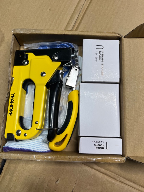 Photo 2 of Upholstery Staple Gun Heavy Duty, 4 in 1 Stapler Gun with 6000 Staples, Remover, Gloves, Manual Brad Nailer Power Adjustment Stapler Gun for Wood, Upholstery, Carpentry, Decoration DIY Staple Gun