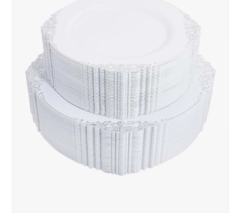 Photo 1 of 102PCS White and Silver Plastic Plate