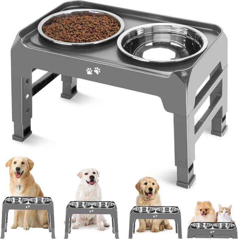 Photo 1 of Elevated Dog Bowls, 4 Height Adjustable Raised Dog Bowl Stand with 2 Thick 50oz Stainless Steel Dog Food Bowls Non-Slip Dog Feeder for Large Medium Dogs Adjusts to 3.7", 9.2", 10.75", 12.36" Grey

