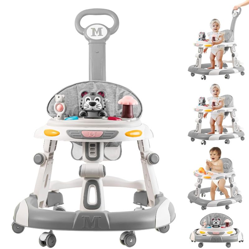 Photo 1 of Baby Walker, 4-in-1 Foldable Baby Walkers and Baby Activity Center with Toys Tray,3-Gear Height Adjustable Infant Toddler Baby Walker with Wheels for Baby Boys and Girls 6-24 Months Grey