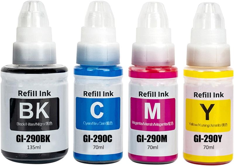 Photo 1 of SHUOLEI GI290 GI-290 Refill Ink Bottles Compatible with Canon GI290 GI-290 Work for Canon Pixma G1200 G2200 G3200 G4200 G4210 Printers (4-Pack, Black/Cyan/Magenta/Yellow)