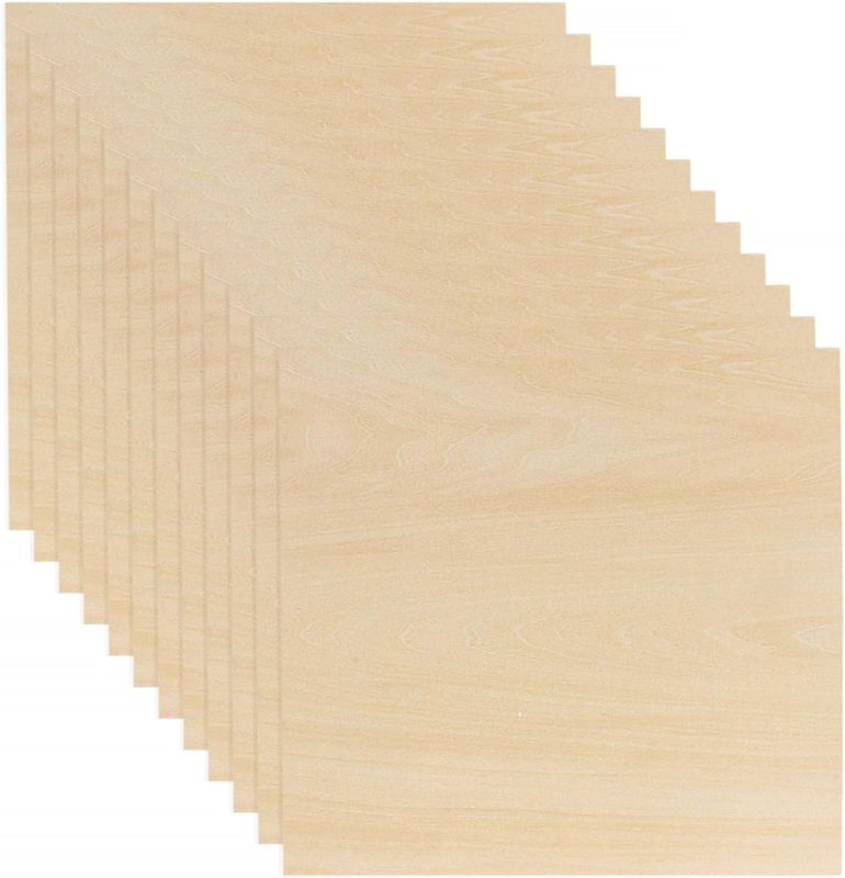 Photo 1 of 12 Pack Basswood Sheets 1/8 x 12 x 12 Inch Plywood Board, Thin Natural Unfinished Wood for Crafts, Hobby, Model Making, Wood Burning and Laser Projects
