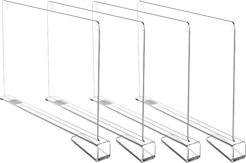 Photo 1 of HBlife 4 Pack Clear Shelf Dividers, Vertical Purse Organizer for Closet Perfect for Sweater, Shirts, Handbags in Bedroom and Kitchen, Adjustable Acrylic Bookshelf for Organization