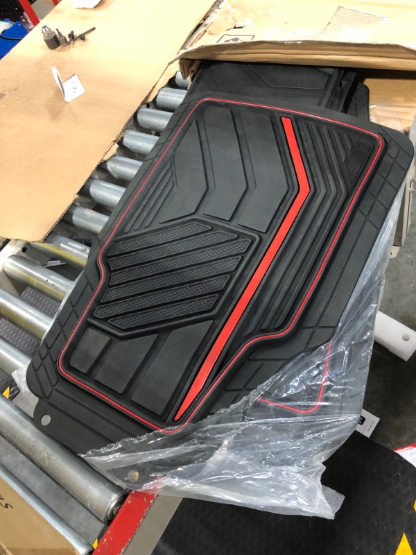 Photo 1 of Dickies 3-Piece Floor Mats, Heavy-Duty Rubber Liners, All-Weather Auto Protection, Anti-Slip Design, All-Season Trim-to-Fit Custom, Automotive Mats for Vehicles, Cars, Trucks, SUVs (Black/Red) 3-Piece Black-Red Rubber Floor Mats