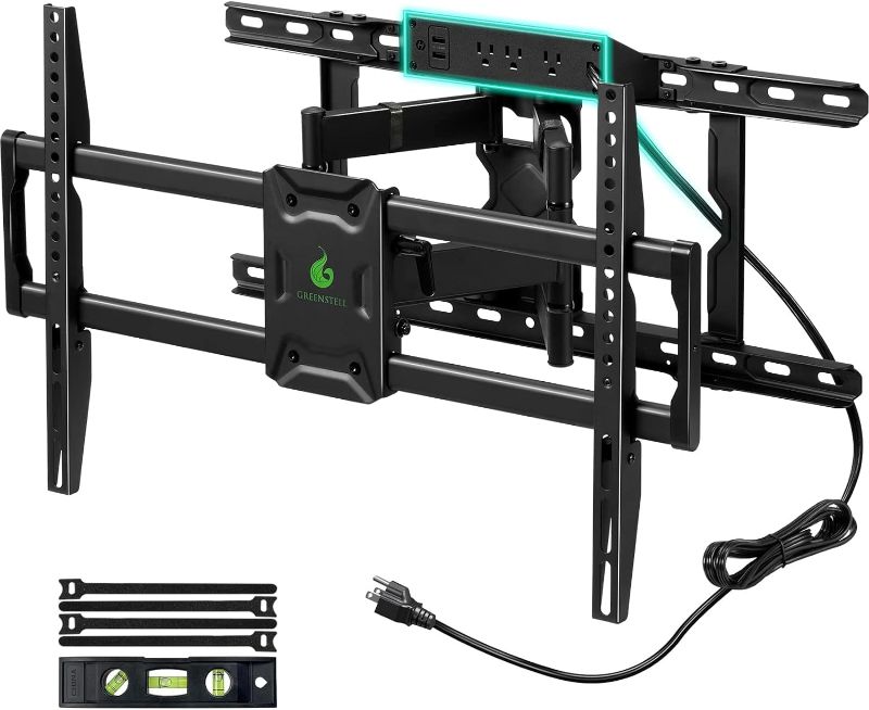 Photo 1 of * sealed**
\Greenstell TV Mount with Power Outlet, Full Motion Wall Mount for 47"-84" TVs, Swivel, Tilt and Extension Bracket with Dual Articulating Arms, Max VESA 600x400mm, Holds up to 132lbs
