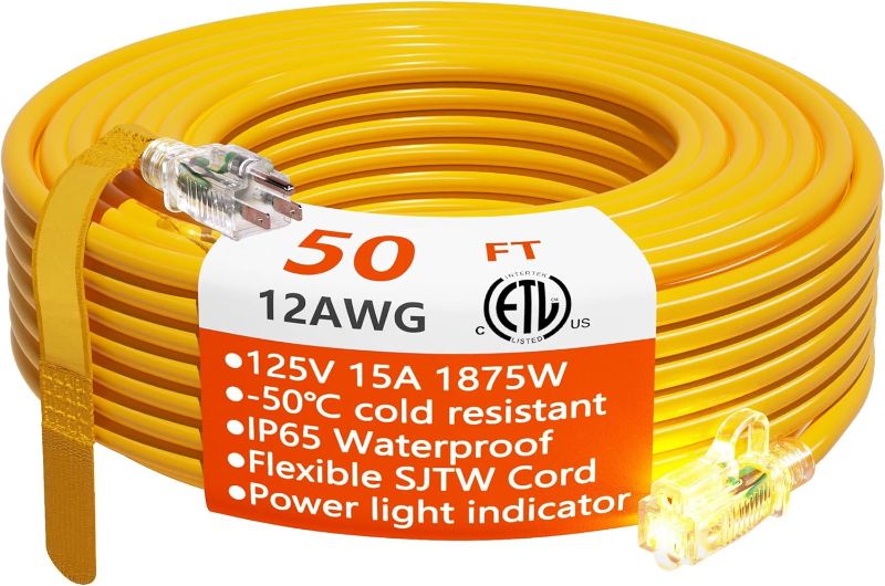 Photo 1 of 12/3 Gauge Heavy Duty Outdoor Extension Cord 50 ft Waterproof with Lighted end, Flexible Cold-Resistant 3 Prong Electric Cord Outside, 15Amp 1875W 12AWG SJTW, Yellow, ETL HUANCHAIN
