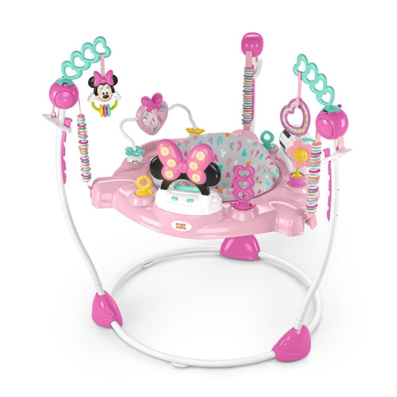 Photo 1 of Bright starts Disney Baby Minnie Mouse Forever Besties Baby Activity Center Jumper with 10 Toys, Lights & Sounds, 360-Degree Seat, 6-12 Months (Pink)