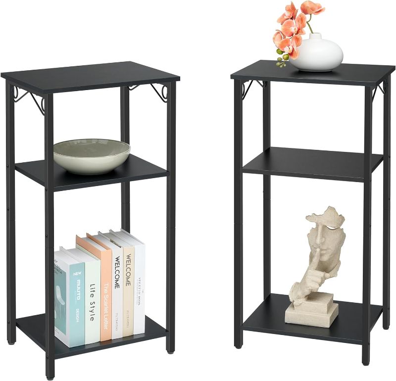 Photo 1 of Hoctieon 3 Tier End Table Set of 2, Slim End Tables, Tall Side Tables, Nightstands for Small Spaces, End Tables for Living Room Set of 2, Black
