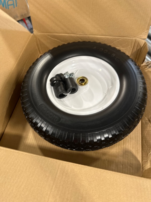 Photo 1 of GICOOL 4.80/4.00-8" Wheelbarrow Tire, 16" Flat-Free Solid Tire and Wheel, 3-6" Centered Hub, 5/8" & 3/4" Bearing,for Garden Wagon Gorilla Cart Trolley Dolly Lawn Mover Go Kart Replacement(1 Pack)