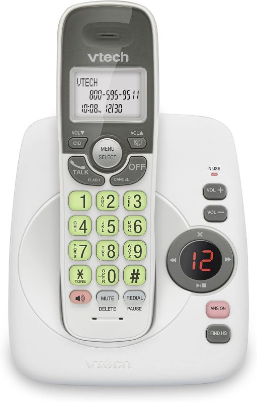 Photo 1 of VTech VG101 DECT 6.0 Cordless Phone for Home, Blue-White Backlit Display, Backlit Big Buttons, Full Duplex Speakerphone, Caller ID/Call Waiting, Easy Wall Mount, Reliable 1000 ft Range (White/Grey) Caller ID White