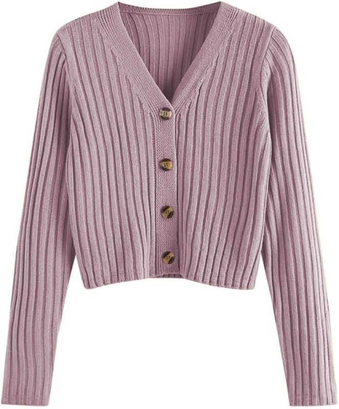 Photo 1 of S ZAFUL Women's V Neck Ribbed Button Up Cardigan Solid Knitwear Long Sleeve Surplice Crop Tops Sweaters