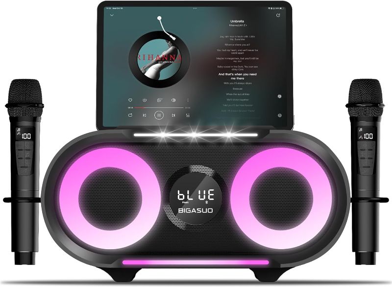 Photo 1 of BIGASUO Karaoke Machine with Rich Deep Bass Explosive Flashing Lights for Adults Portable Bluetooth Singing PA Speaker System with 2 UHF Wireless Microphones for Home Party Wedding Outdoor KA216