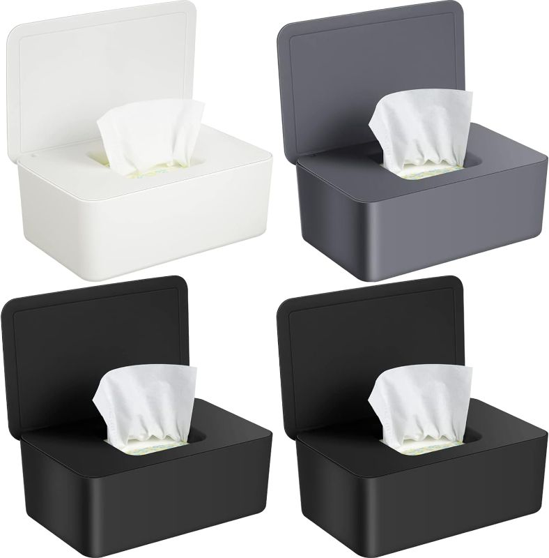 Photo 1 of 4 Pieces Baby Wipes Dispenser Wipe Container Keep Wipes Moist Baby Wipe Holder Easy Open Wet Tissue Storage Non-Slip Box Case for Bathroom Baby Nursery (Black, White, Gray)
