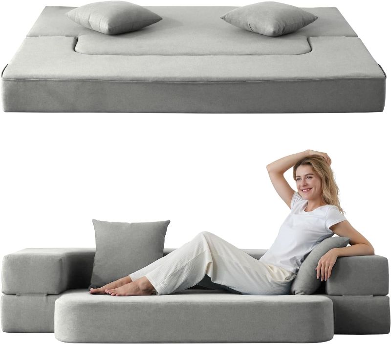 Photo 1 of 2-in-1 Convertible Couch Bed with 2 Pillows - Folding Floor Couch & Bed Mattress - Washable Cover & Memory Foam Sleeper Chair Guest Bed Playmat, Queen Size, Light Grey
