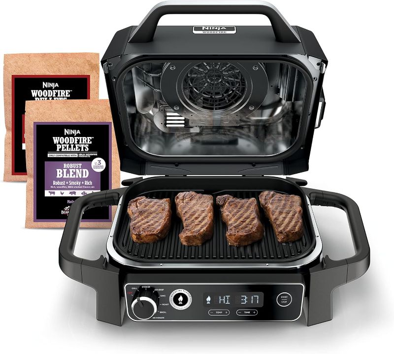 Photo 1 of ** new, open package**
Ninja OG701 7-in-1 Outdoor Electric Grill & Smoker - Grill, BBQ, Air Fry, Bake, Roast, Dehydrate & Broil - Uses Woodfire Pellets - Portable & Weather Resistant
