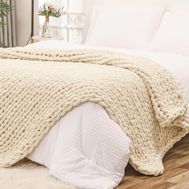 Photo 1 of Bigacogo Chunky Knit Blanket Throw 51"x63", 100% Hand Knitted Chenille Throw Blanket, Big Soft Thick Yarn Cable Knit Blanket, Large Rope Knot Crochet Throw Blankets for Couch Bed Sofa (Beige)