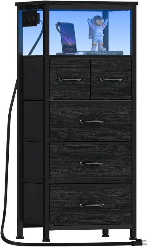 Photo 1 of ** new, open package**
Furnulem Vertical Dresser with Charging Station and LED Lights, Black Chest of Drawers with Shelf and 5 Fabric Bins, Tall Nightstand for Entryway, Closet, Bedside Table, Wood Top, Bedroom Furniture