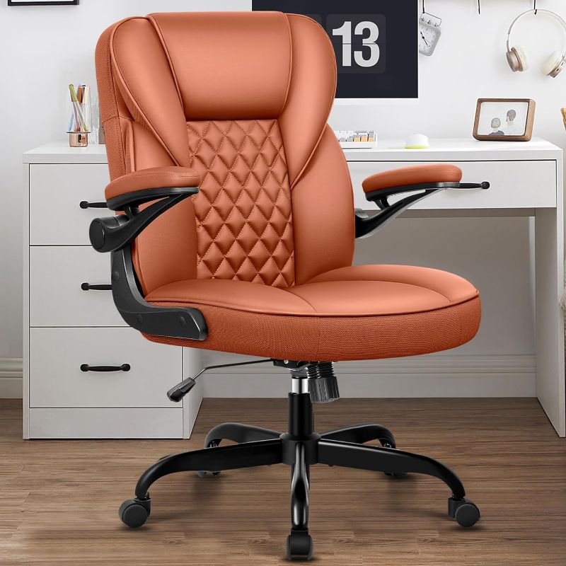 Photo 1 of Office Chair Computer Desk Chair PU Leather Swivel Executive Task Chair with Adjustable Height Lumbar Support Padded Flip Up Armrests Home Office Brown
