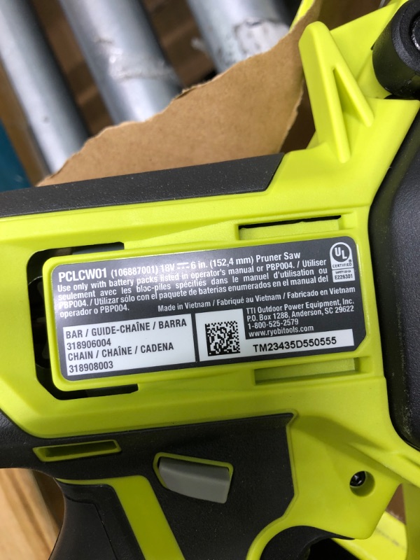 Photo 5 of * missing battery**
RYOBI ONE+ HP 18V P25013 Brushless Compact Pruning Mini Chainsaw with 6-Inch Chain (Tool Only)