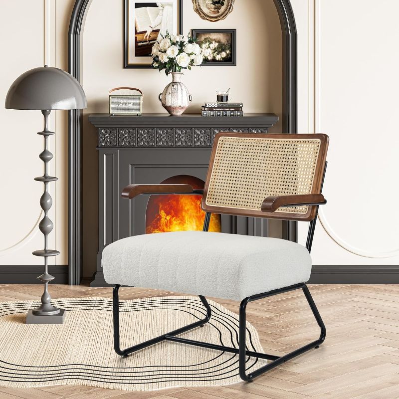 Photo 1 of Accent Chairs- Living Room Chairs Mid-Century Modern Style Breathable Mesh Rattan Backrest Velvet Seat Oversized Bedrooms Reading Office White Black (White-Dark Brown, x1)
