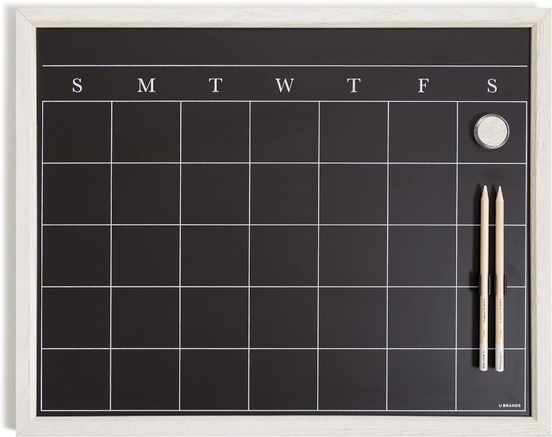 Photo 1 of U Brands Magnetic Chalk Calendar Board, 20"x16", Rustic Wood Style Frame, Includes Chalk Pencils and Magnet
