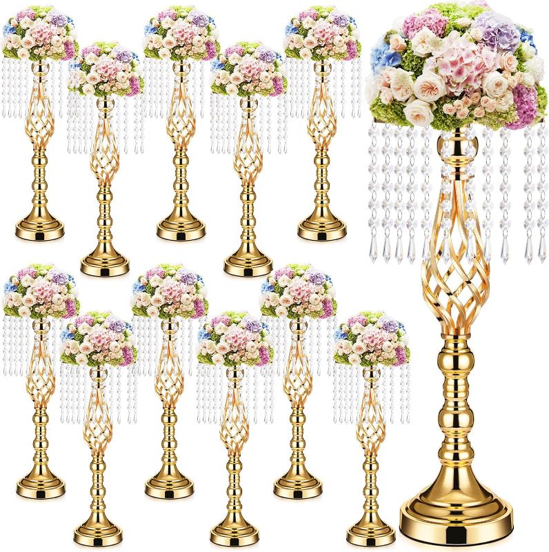 Photo 1 of 12 Pcs Gold Wedding Centerpieces for Table Gold Crystal Flower Stand 19.3 inch Tall Flower Vase with Chandelier Metal Flower Holders for Wedding Party Reception Dinner Event Tabletop Decorations