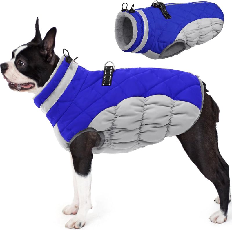 Photo 1 of AOFITEE Dog Coat, Warm Dog Jacket Dog Winter Coats, Reflective Turtleneck Dog Fleece Vest with Harness Built in, Waterproof Windproof Dog Snow Jacket Snowsuit for Small Medium Large Dogs, Blue M