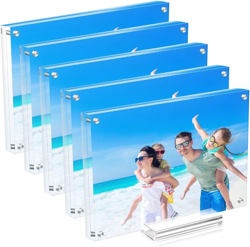 Photo 1 of 5 Pack Acrylic Picture Frame 5×7 Clear Double Sided Magnetic Photo Frame - Frameless Baby Friend Family Picture Desktop Display with Support Stand and Gift Boxes