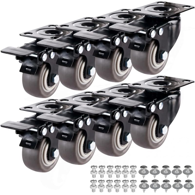 Photo 1 of 1.5" Casters Set of 8 Heavy-duty Industrial Caster Wheels with Brake PU No Noise Wheels with Double Locking and Double Ball Bearing Swivel Locking Casters for Workbench, Furniture, Plate Castors Black 8x1.5in/ Black