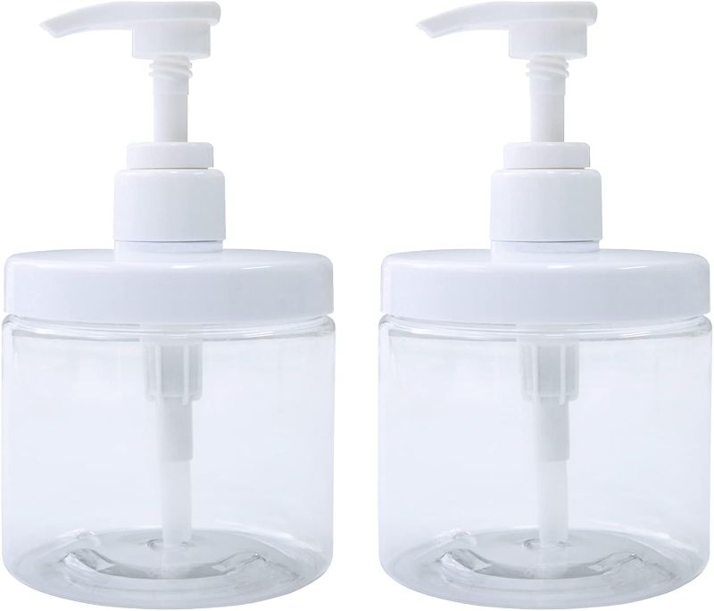 Photo 1 of Cosywell Pump Bottle Dispenser Plastic Refillable Bottles Wide Mouth Jar Style BPA Free Empty Bathroom Shower Containers for Lotion Shampoo Conditioner (Clear, 2X 500ml)
