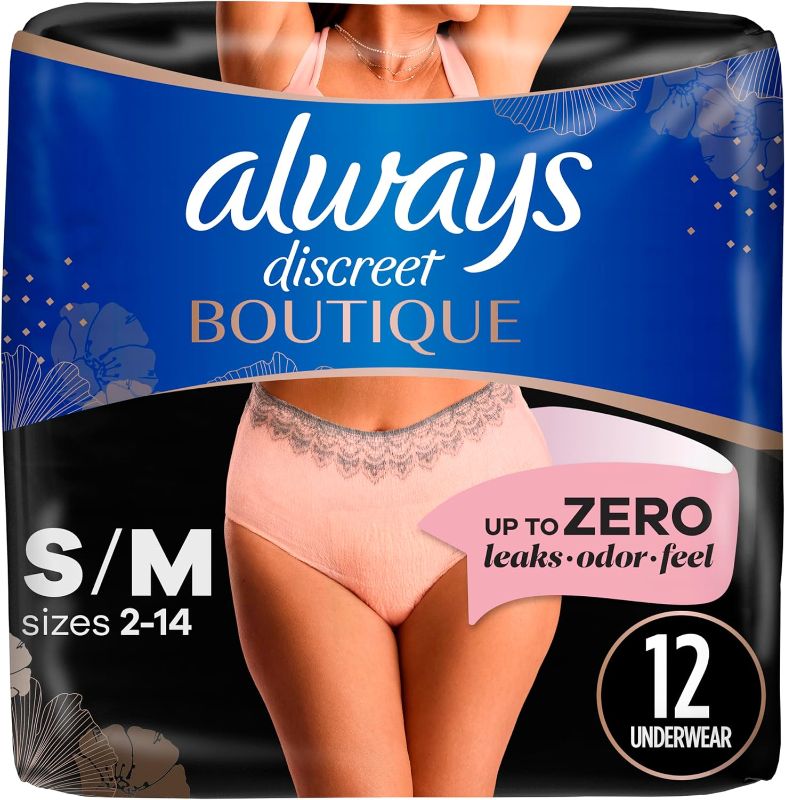 Photo 1 of Always Discreet Boutique Adult Incontinence & Postpartum Underwear For Women, High-Rise, Size Small/Medium, Rosy, Maximum Absorbency, Disposable, 12 Count (Packaging May Vary)
