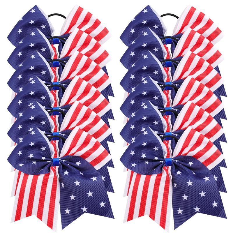 Photo 1 of 12pcs 8" American Flag Cheer Bows for Girls, Oaoleer 4th of July Cheerleading Hair Bow Independence Day Hair Accessories for Teens Women Girls
