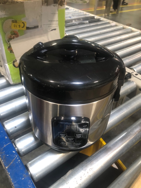Photo 1 of Hamilton Beach Digital Programmable Rice Cooker & Food Steamer 8 Cups Cooked (4 Uncooked) with Steam & Rinse Basket Stainless Steel (New Open Box)
 