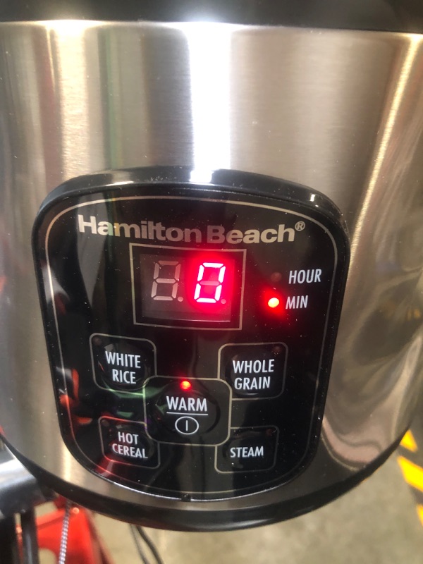 Photo 1 of Hamilton Beach Digital Programmable Rice Cooker & Food Steamer 8 Cups Cooked (4 Uncooked) with Steam & Rinse Basket Stainless Steel (New Open Box)
 