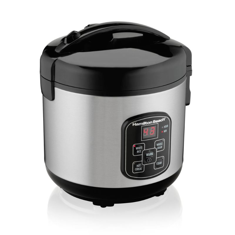 Photo 1 of Hamilton Beach Digital Programmable Rice Cooker & Food Steamer 8 Cups Cooked (4 Uncooked) with Steam & Rinse Basket Stainless Steel (New Open Box)
 