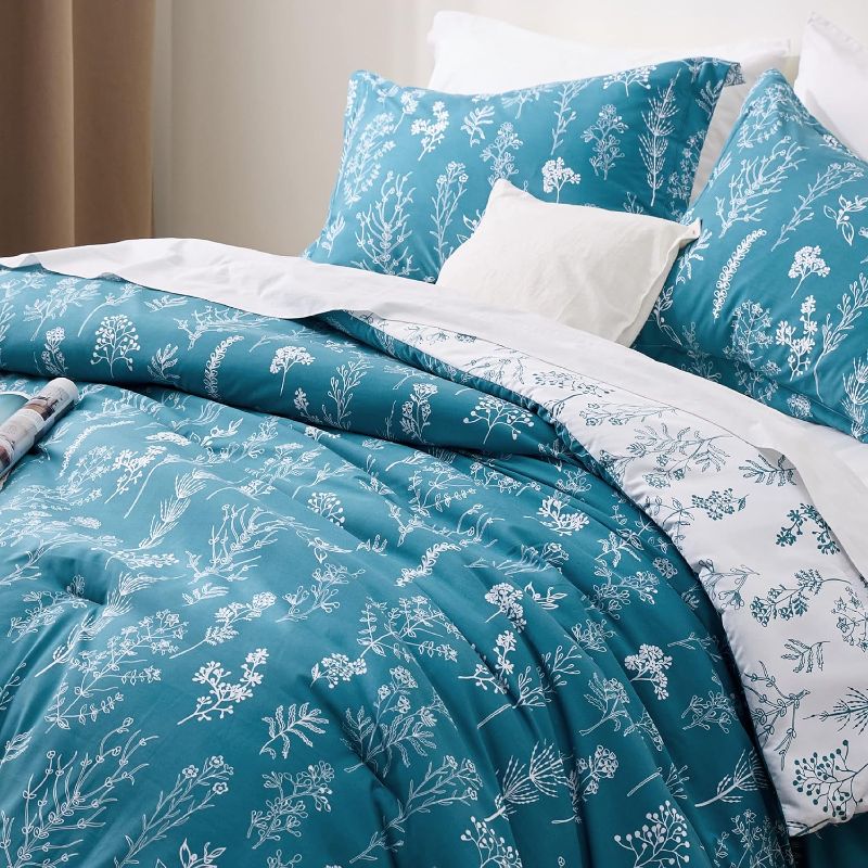 Photo 1 of ***** MAJOR DAMAGED******
 Queen Comforter Set - Teal Blue Comforter, Cute Floral Bedding Comforter Sets, 3 Pieces, 1 Soft Reversible Botanical Flowers Comforter and 2 Pillow Shams