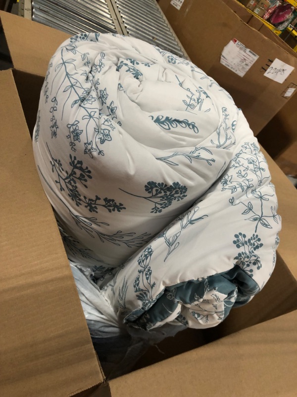 Photo 2 of ***** MAJOR DAMAGED******
 Queen Comforter Set - Teal Blue Comforter, Cute Floral Bedding Comforter Sets, 3 Pieces, 1 Soft Reversible Botanical Flowers Comforter and 2 Pillow Shams