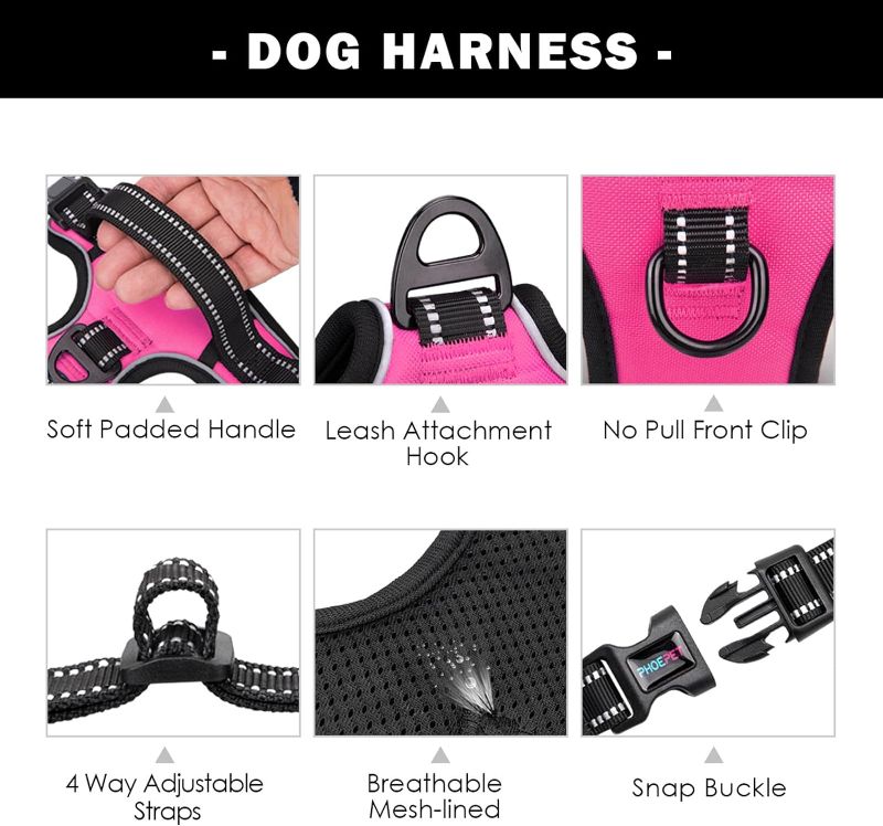 Photo 1 of PHOEPET Reflective Dog Harness Large Breed Adjustable No Pull Vest with Handle 2 Metal Rings 3 Buckles [Easy to Put on & Take Off](L, Pink)
