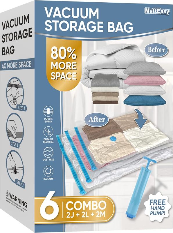 Photo 1 of MattEasy Space Saver Vacuum Storage Bags, 6 Pack Combo (2 Jumbo/2 Large/2 Medium) Space Saver Bags with Pump, Storage Vacuum Sealed Bags for Clothes, Comforters, Blankets, Bedding
