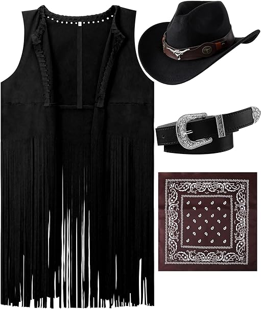 Photo 1 of Hercicy Western Outfits for Women Cowgirl Tassel Sleeveless Vest Cowboy Hat Belt and Paisley Bandana for Halloween Dress Up
