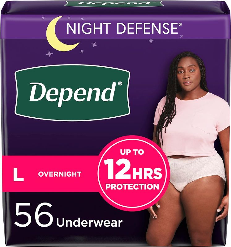 Photo 1 of Depend Night Defense Adult Incontinence & Postpartum Bladder Leak Underwear for Women, Disposable, Overnight, Large, Blush, 56 Count (4 Packs of 14), Packaging May Vary